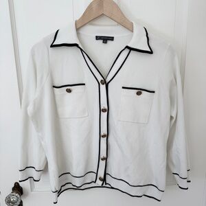 Adrianna Papell Collared Button Cardigan Sweater White Black Contrast Trim Sz M